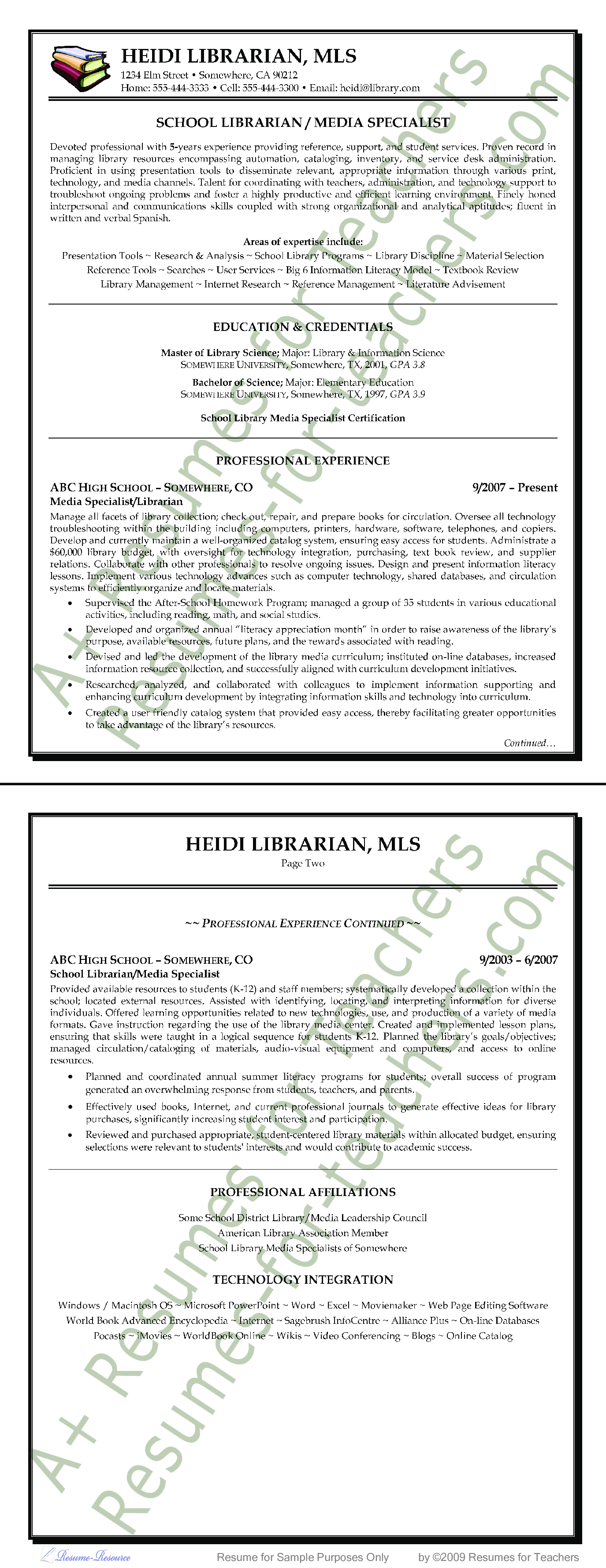 school librarian & media specialist resume voorbeeld afbeelding 