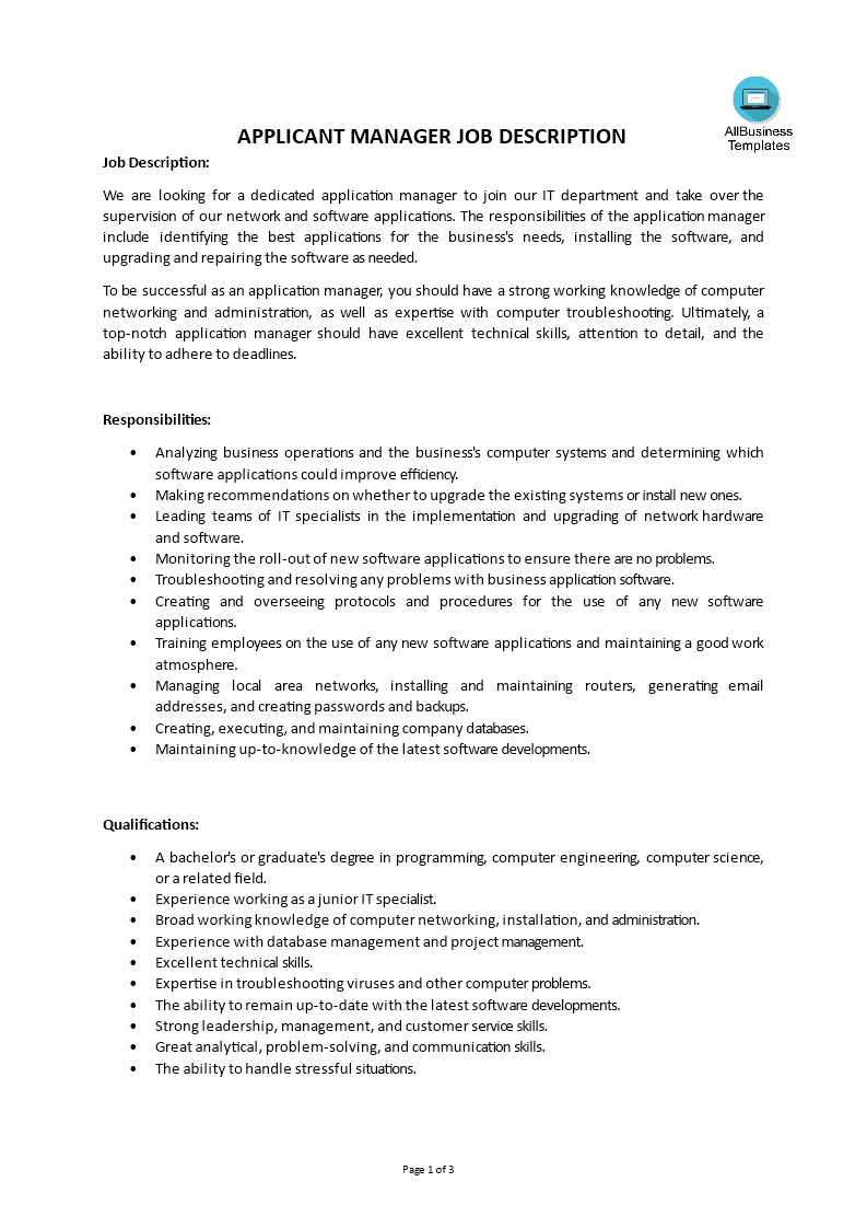 applicant manager job description voorbeeld afbeelding 