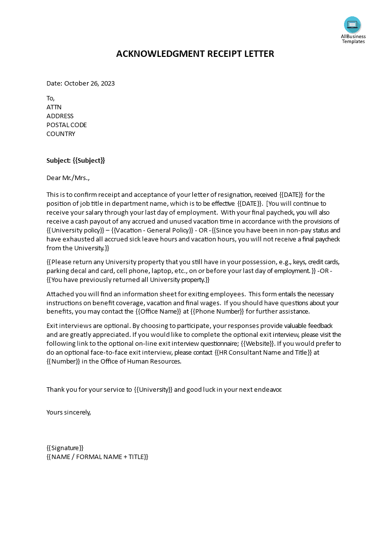 acceptance resignation letter format Hauptschablonenbild