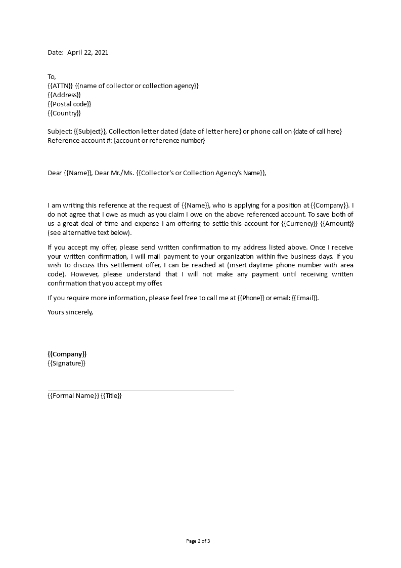 debt settlement letter template