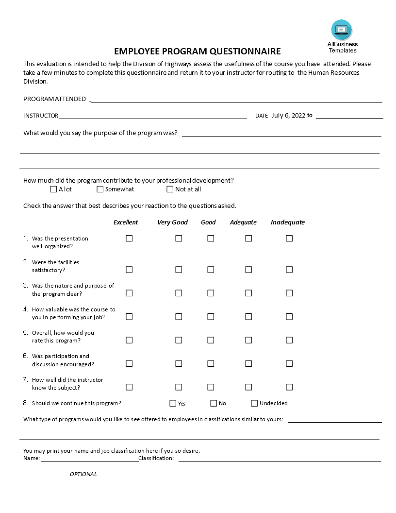 Transportation Employee Evaluation Form 模板