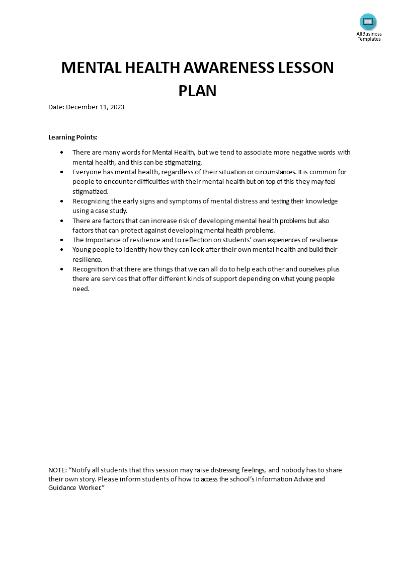 mental health lesson plan template