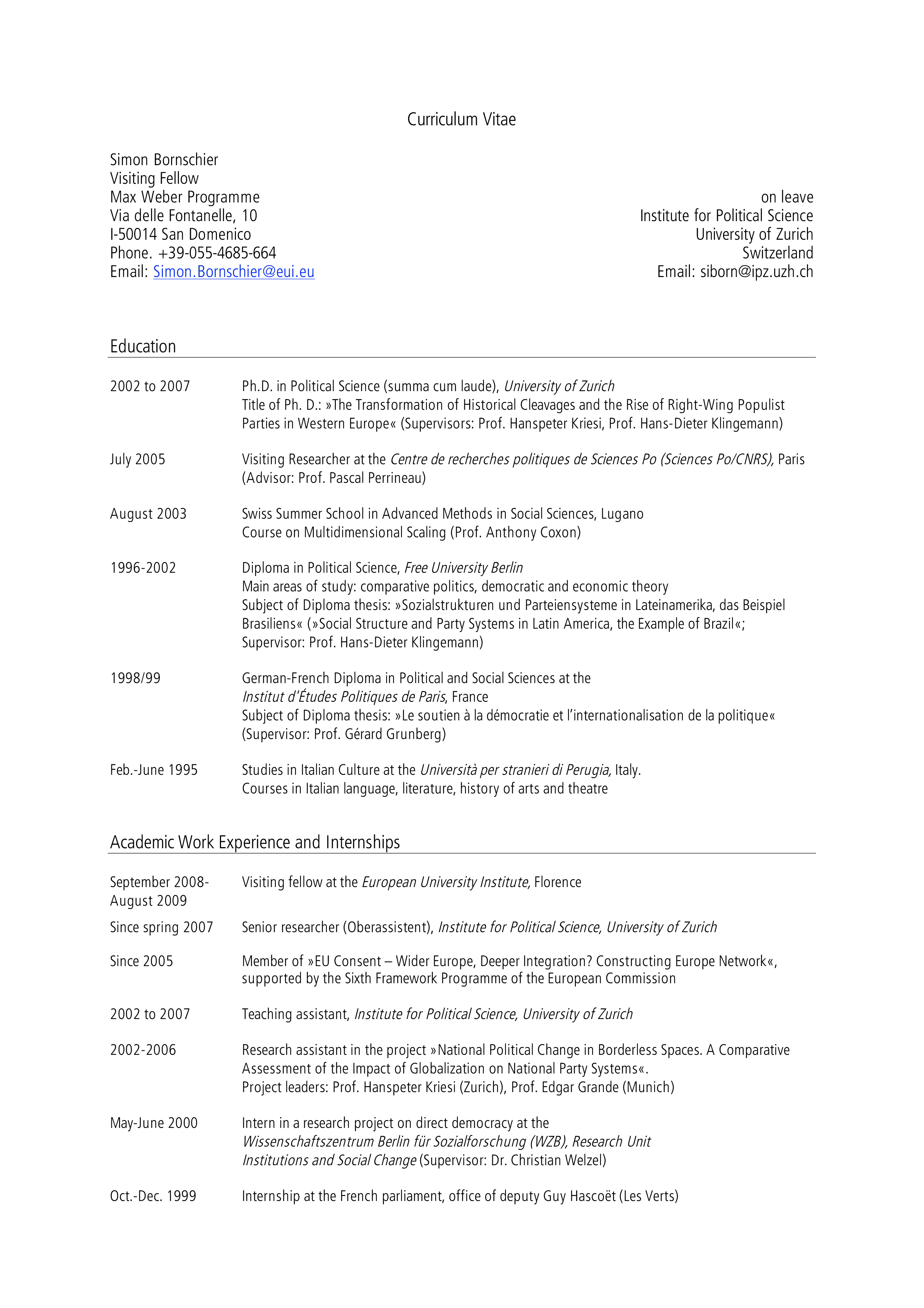 Academic Experience Curriculum Vitae 模板