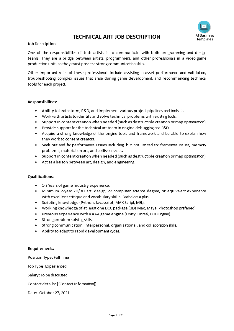 technical art job description template