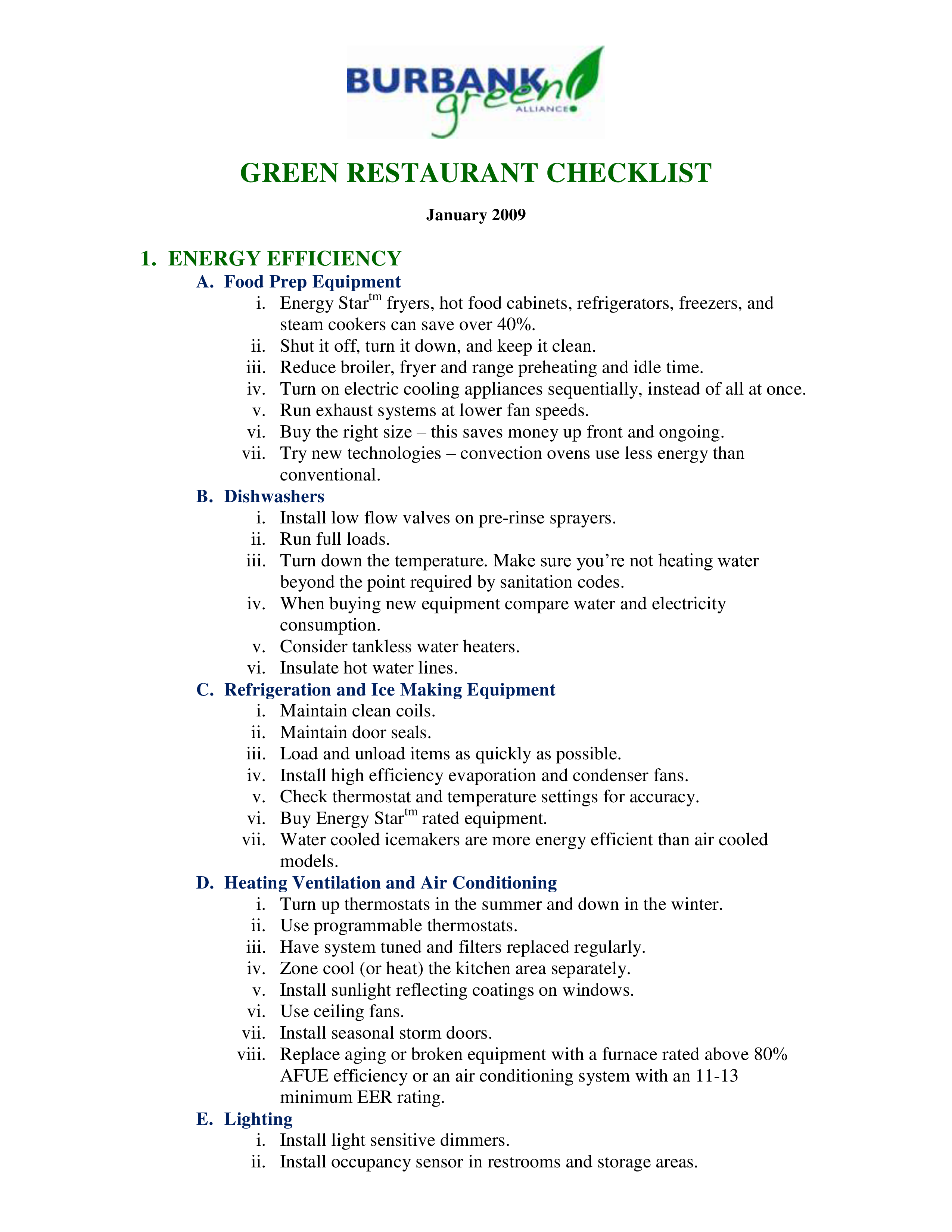 Green Restaurant Checklist 模板