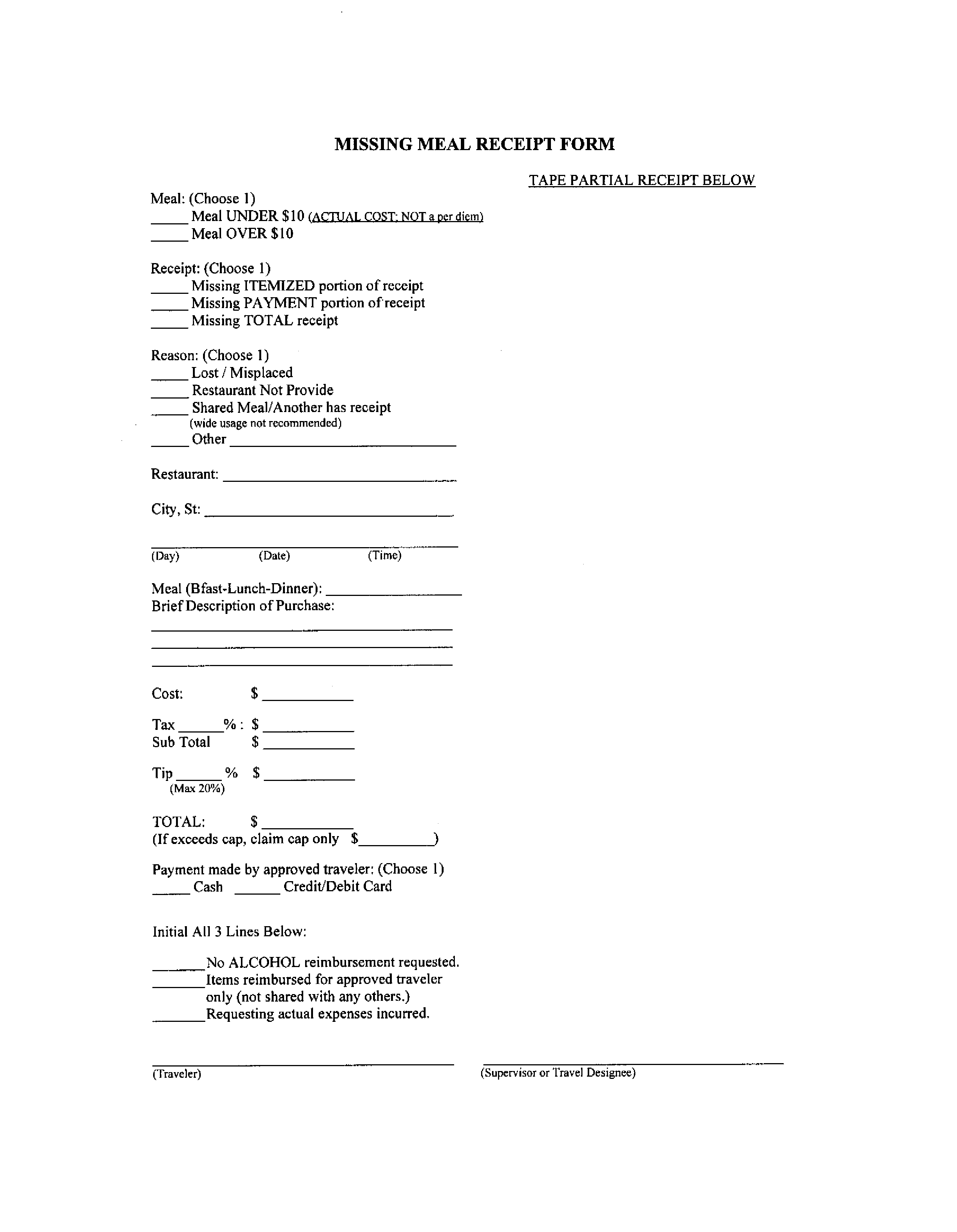 missing meal receipt form modèles