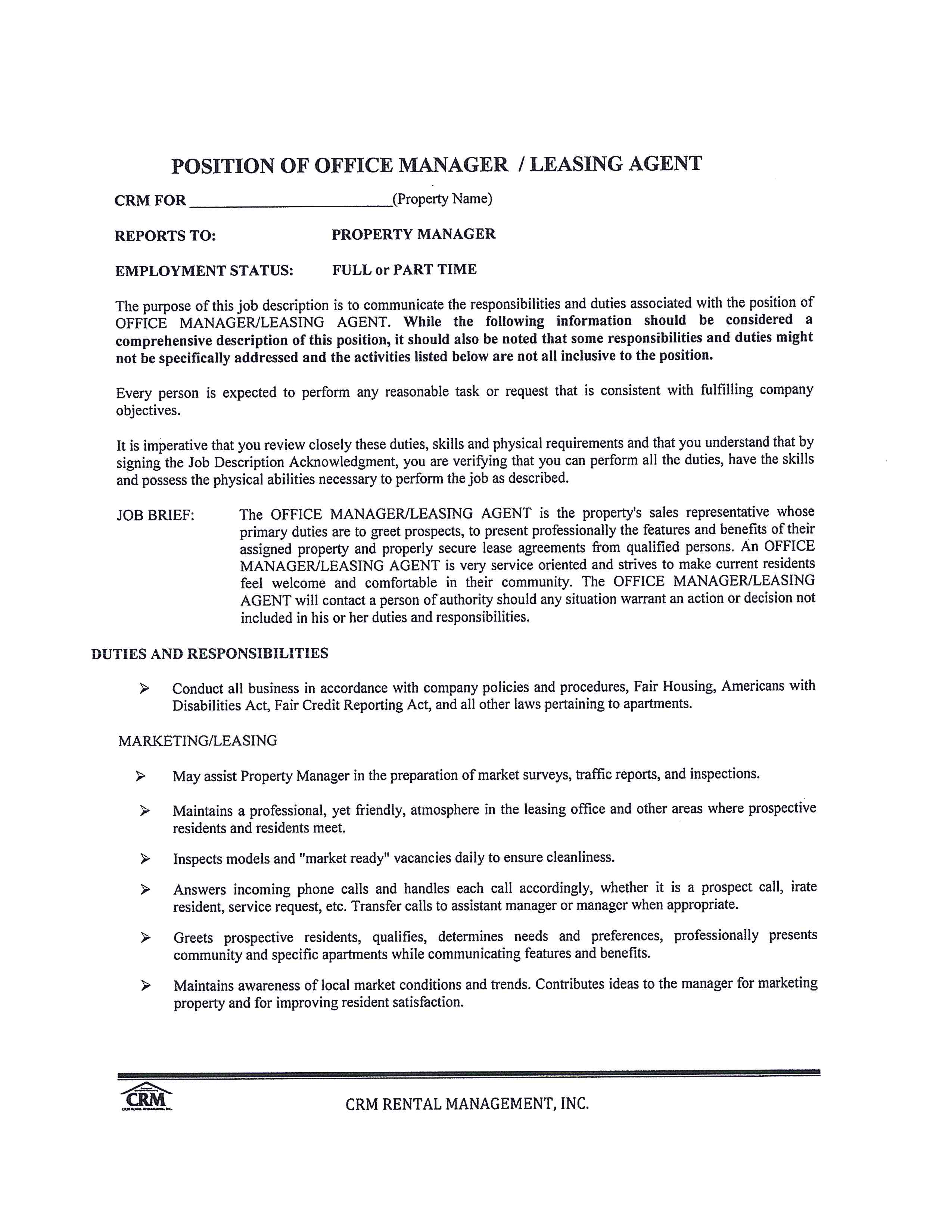 office manager leasing consultant job description template