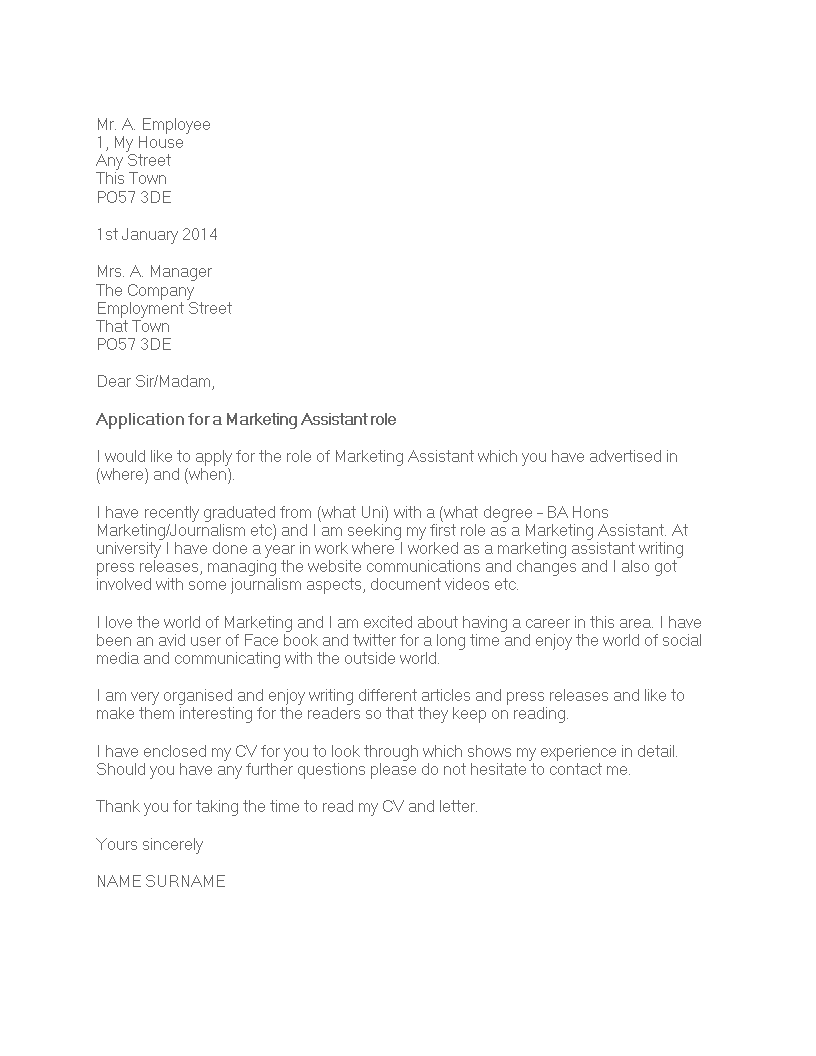 example application letter for marketing