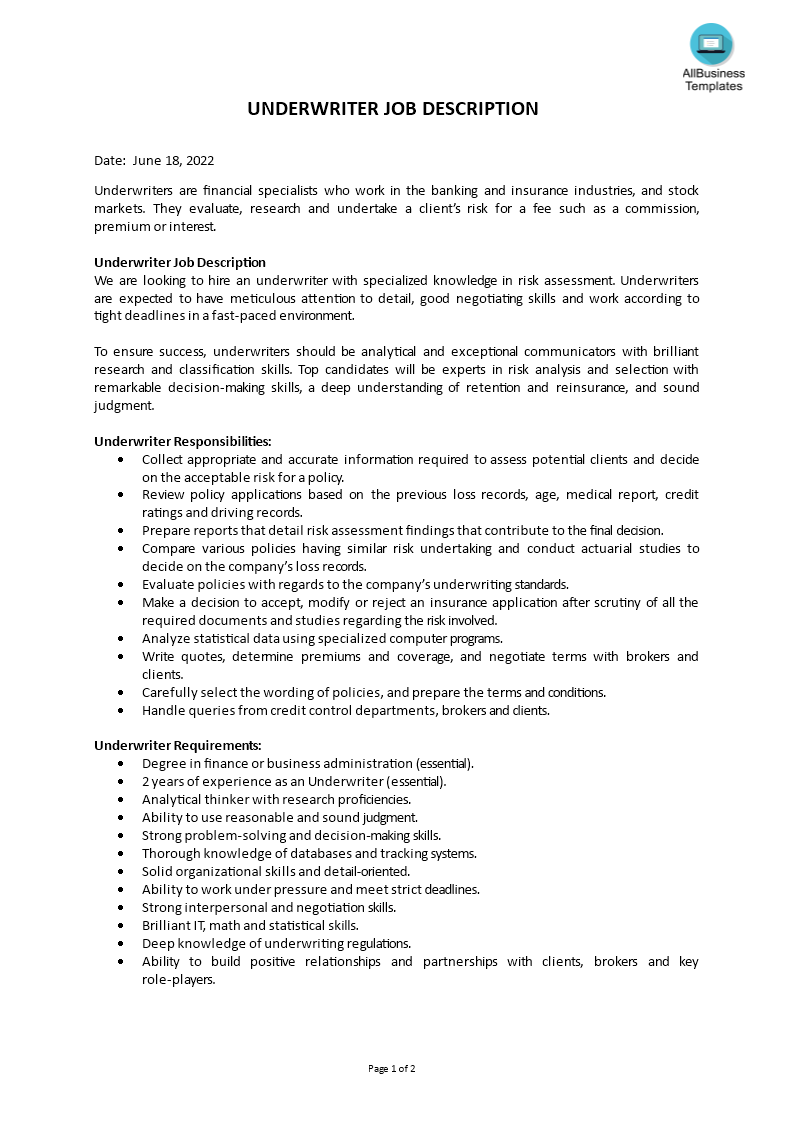 mortgage underwriter job description modèles