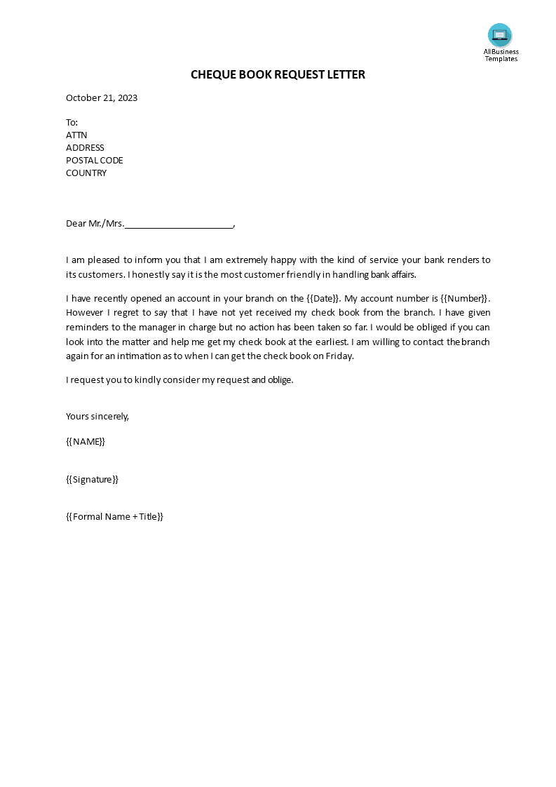 cheque book request letter template
