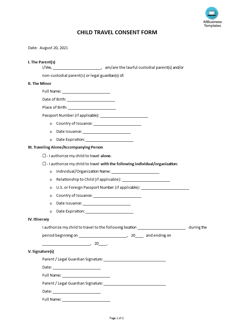 Kostenloses Child Travel Consent Form For Notarized Letter Template For Child Travel