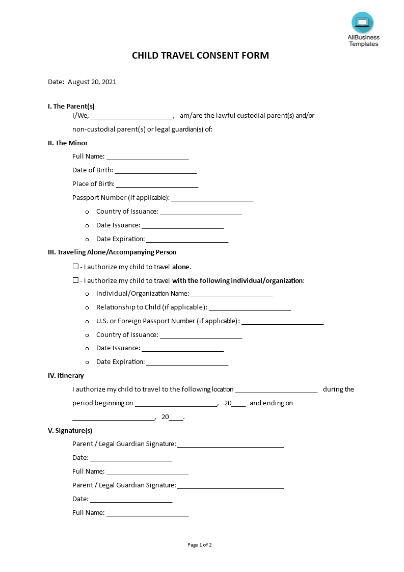 Child Travel Consent Form main image