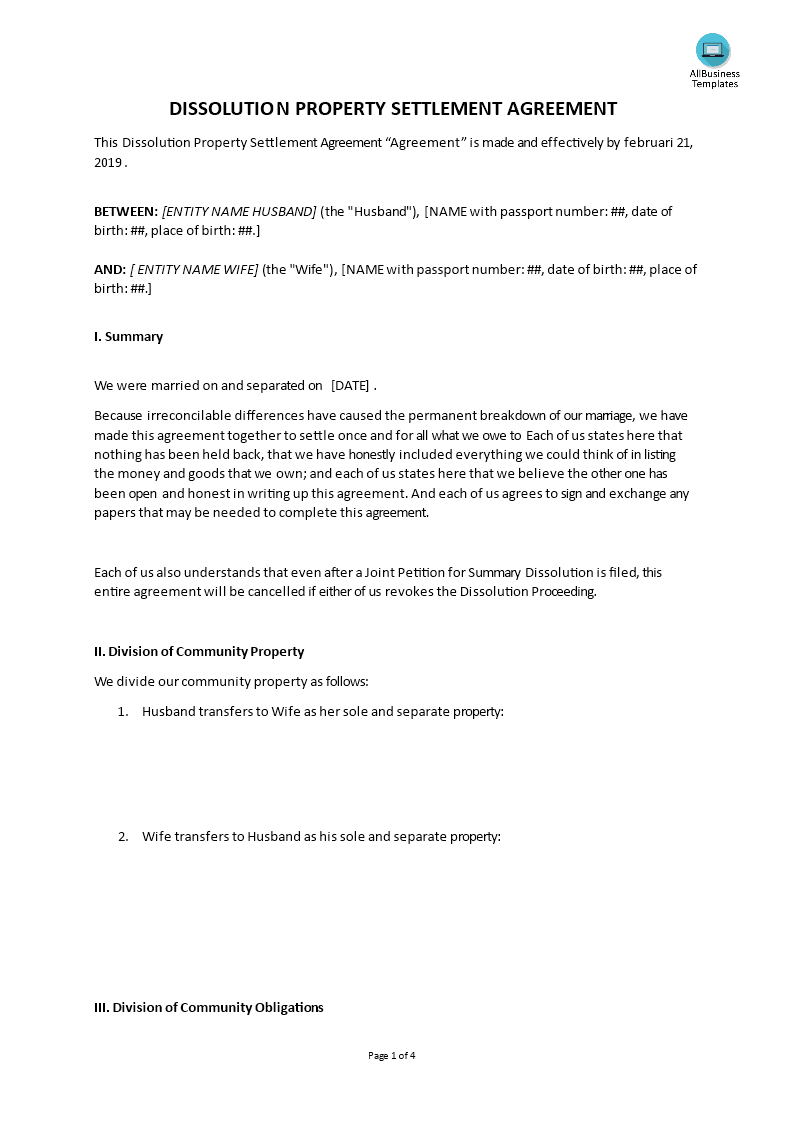 dissolution property settlement agreement template Hauptschablonenbild