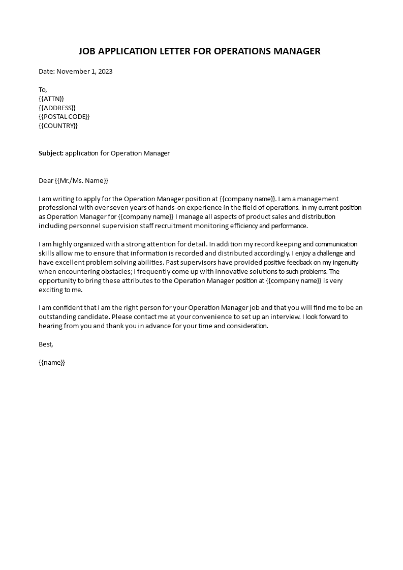 sample job application letter for operations manager template