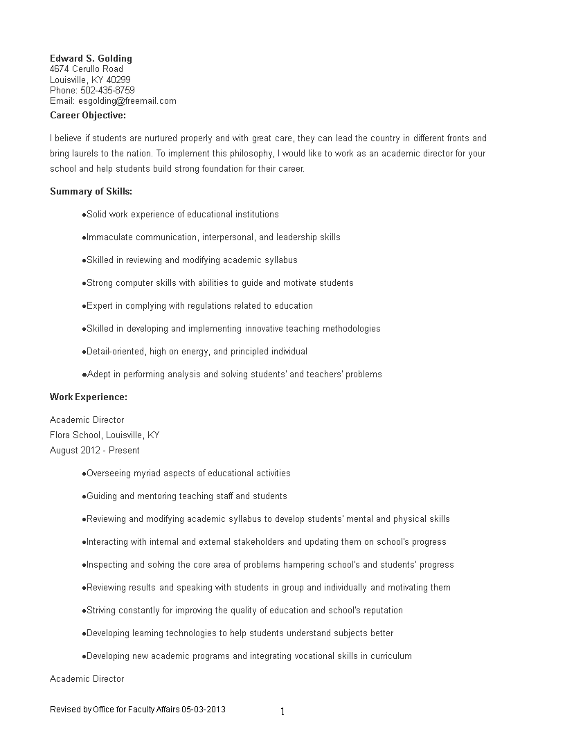 academic director cv template