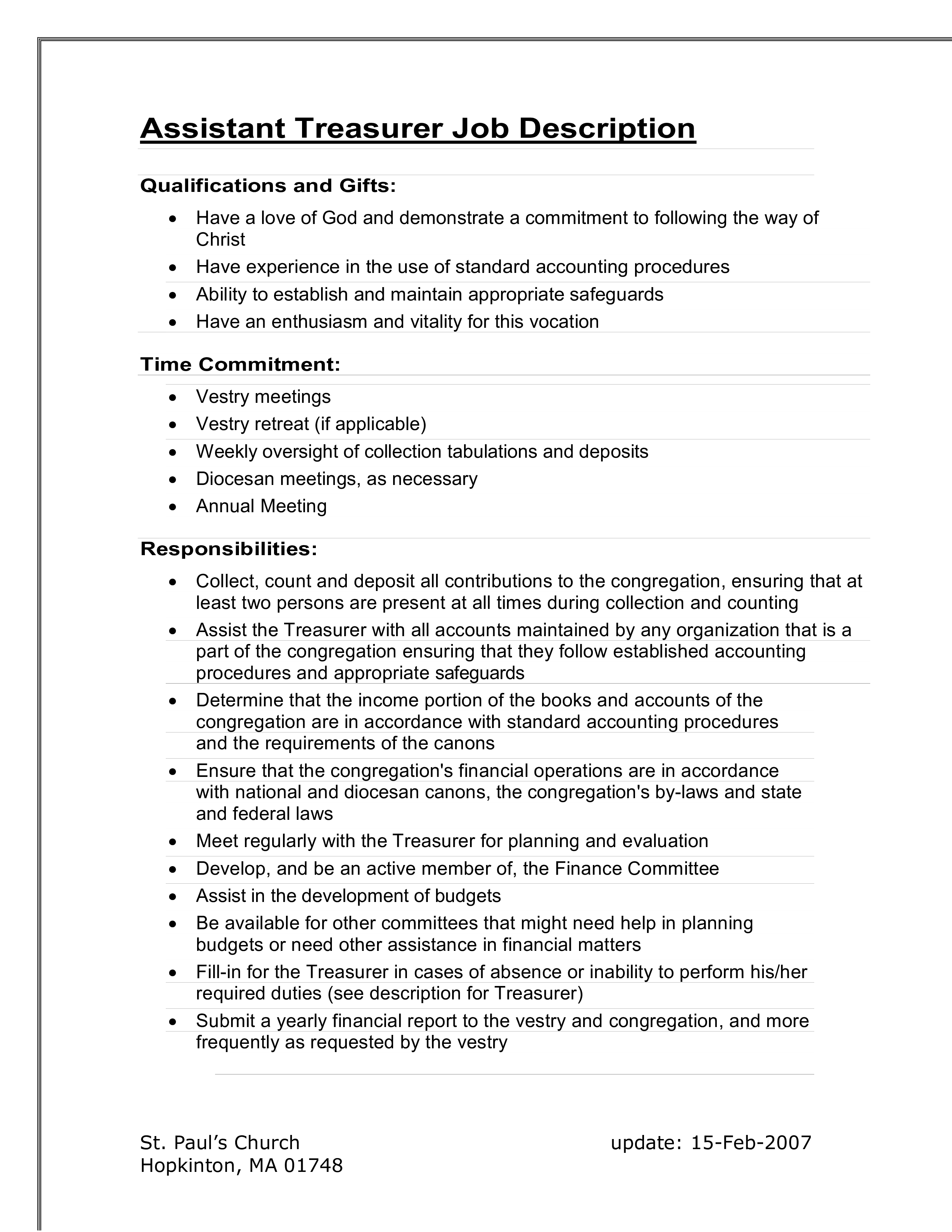 assistant treasurer job description modèles