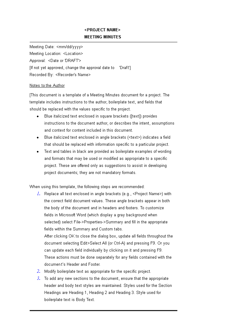 sample project meeting minutes template