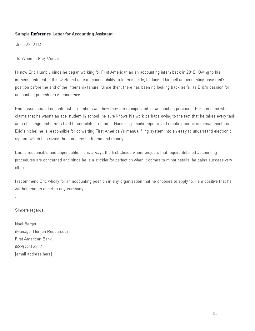 assistant accountant reference letter template