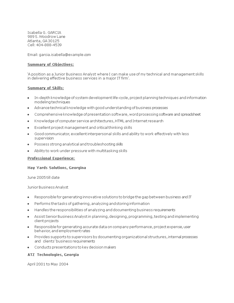 Junior Business Analyst Sample Resume 模板