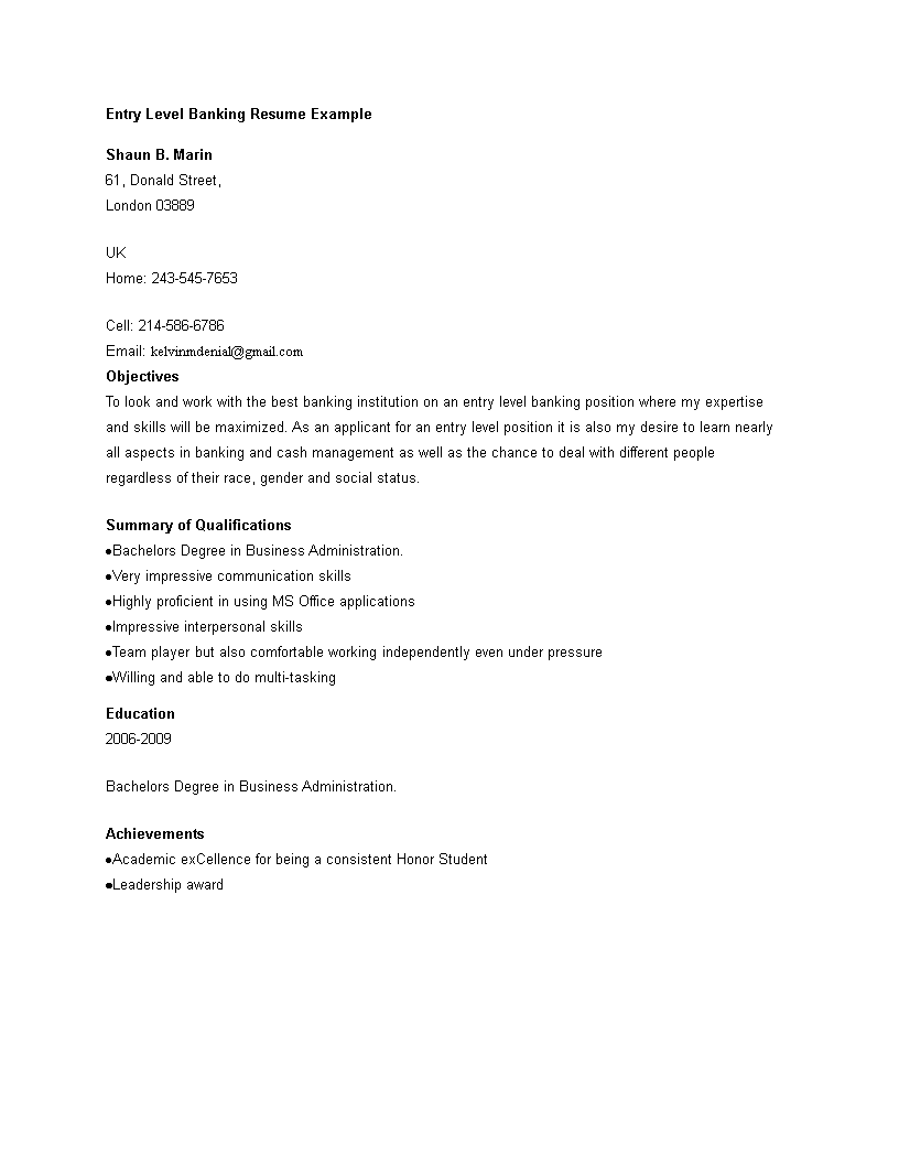 banking professional resume entry level template