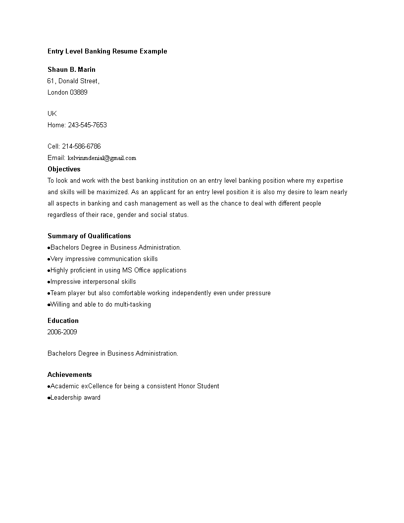 Banking Professional Resume Entry Level main image