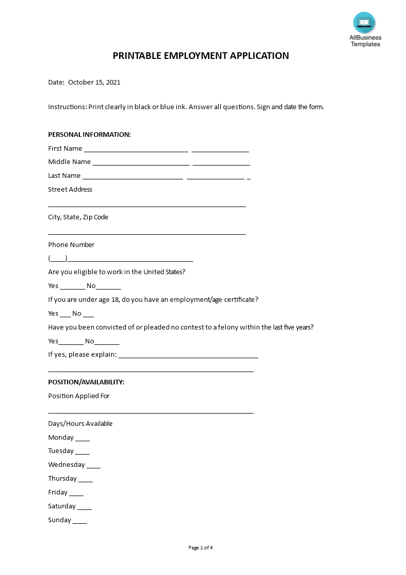 printable employment application modèles