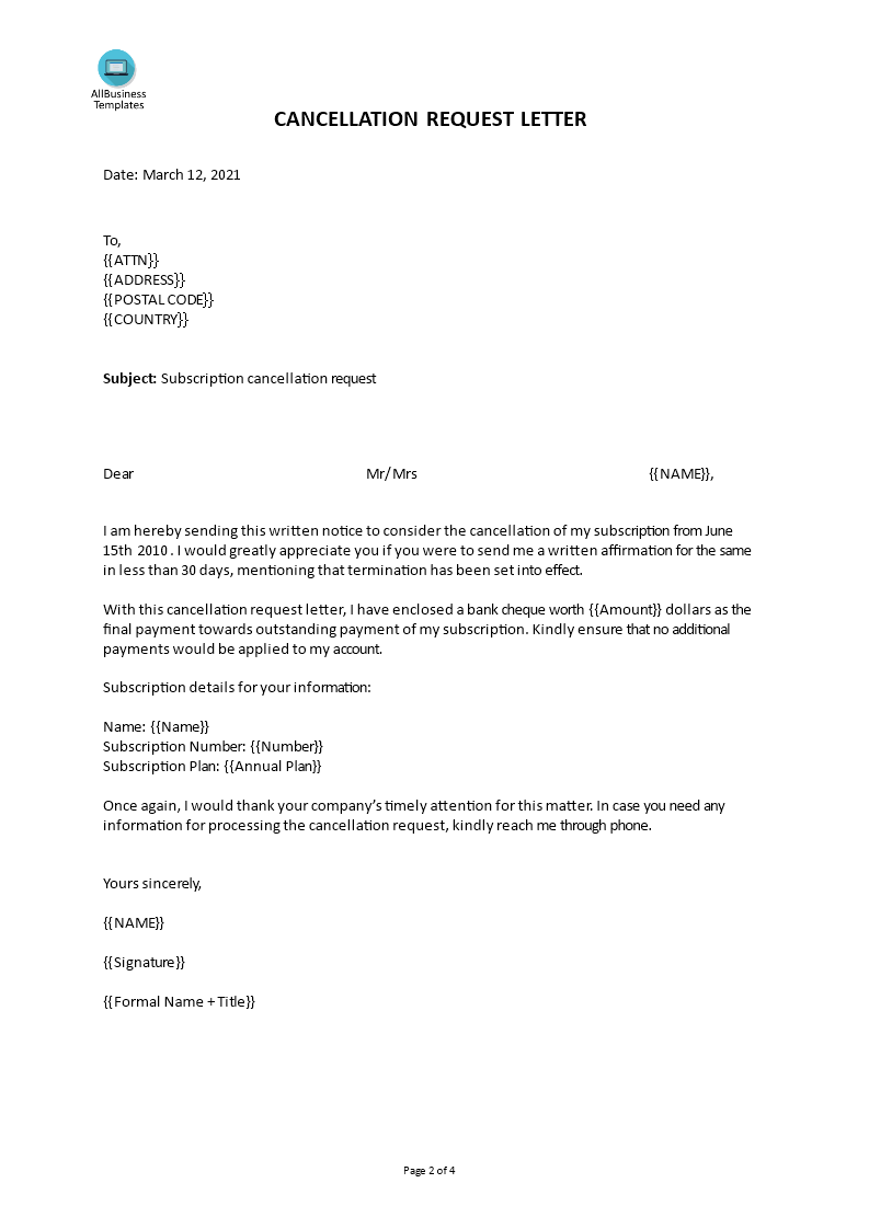 Cancellation Letter Example Templates at