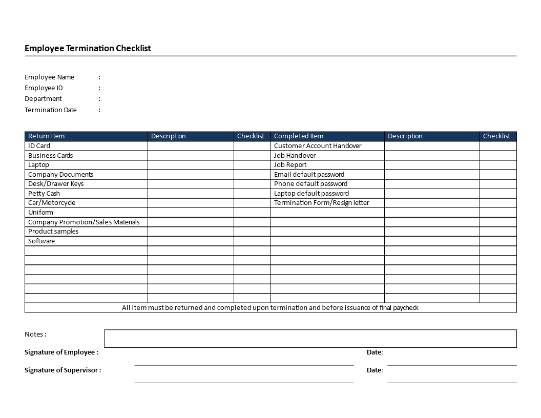 employee termination checklist landscape formatted template voorbeeld afbeelding 