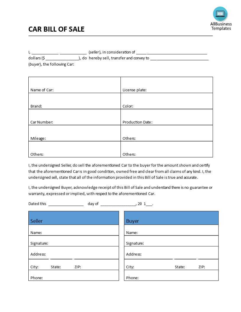 Car Bill Of Sale Template 模板