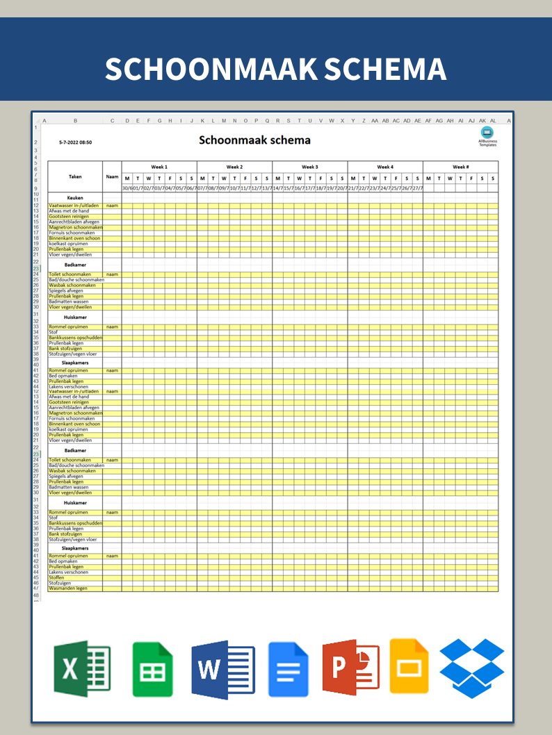 schoonmaakschema wekelijks excel template