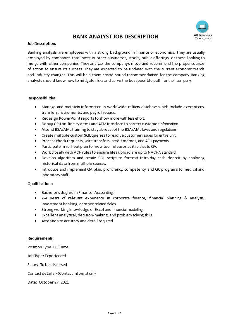 Bank Analyst Job Description main image