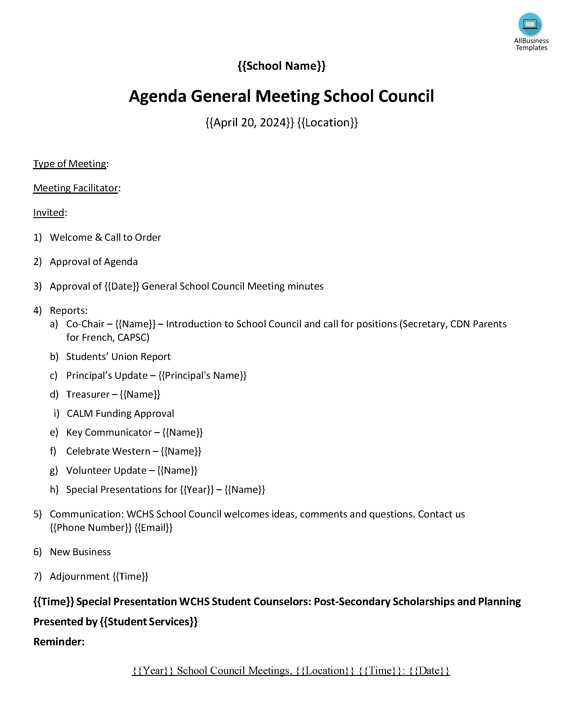 high school general agenda meeting modèles