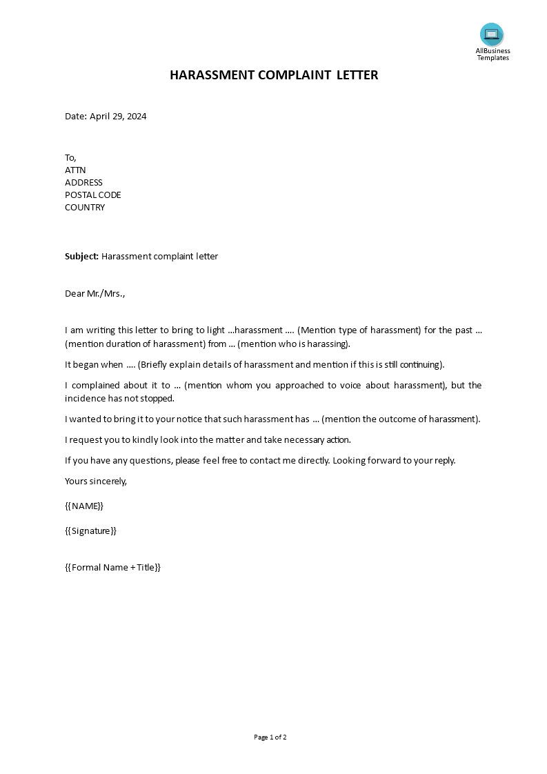 harassment complaint letter template