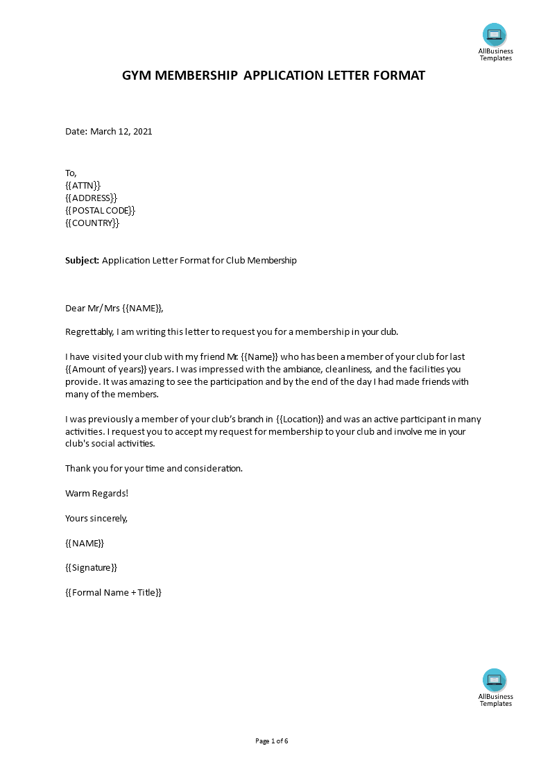 club membership application letter sample template