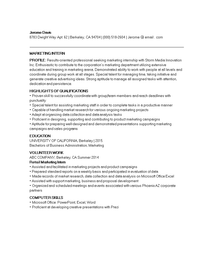 marketing student internship resume template