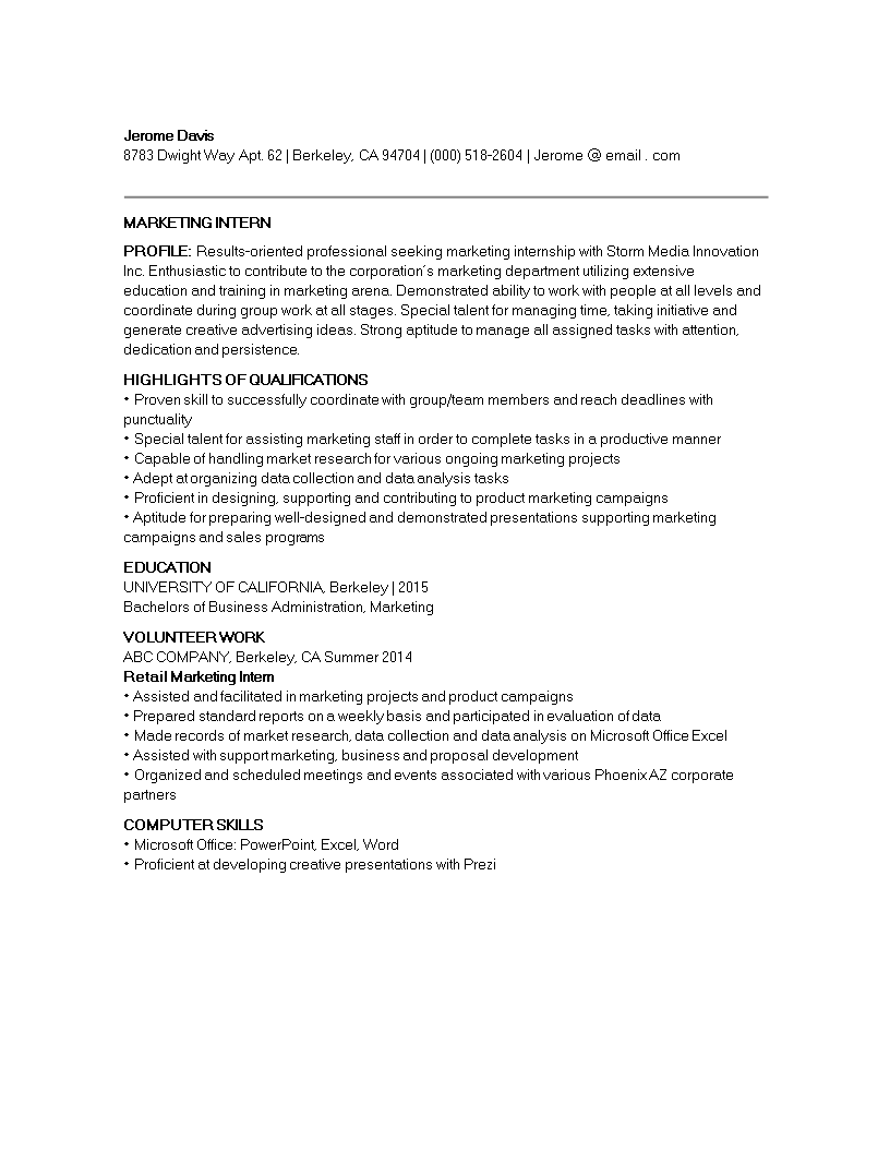 Marketing Student Internship Resume main image