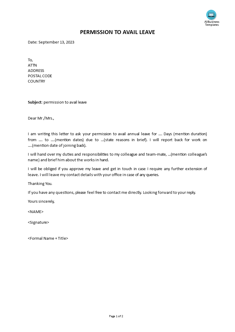 office leave letter template
