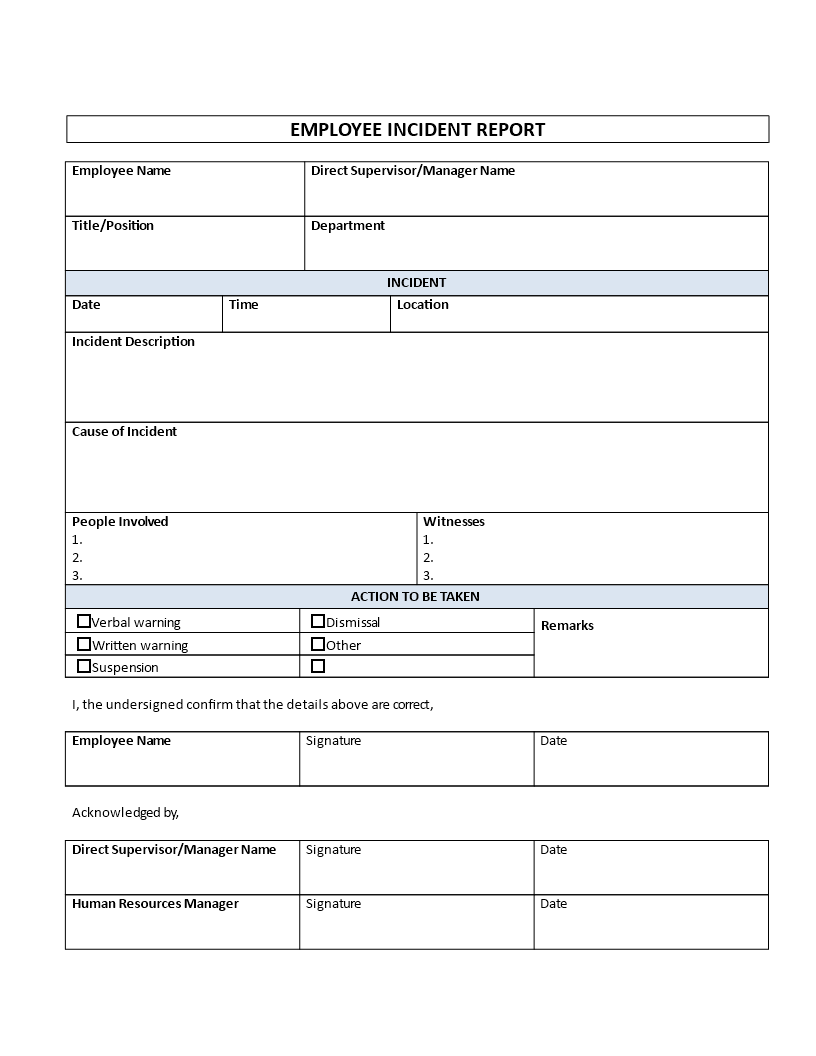 employee incident report template template