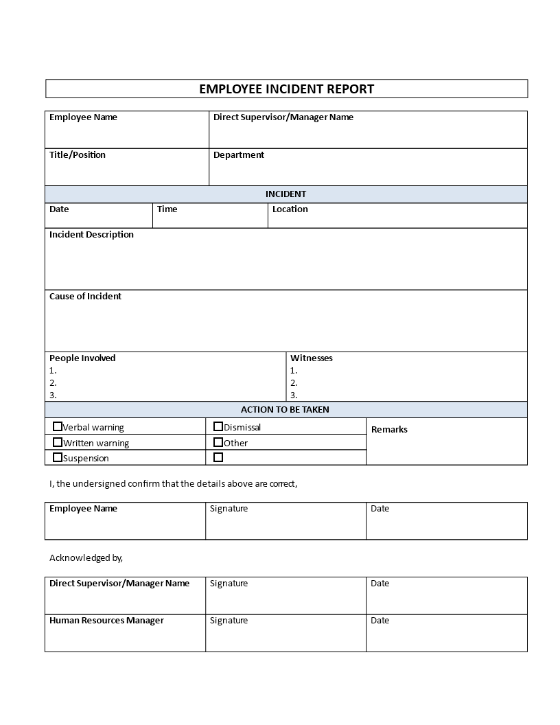 employee incident report template Hauptschablonenbild