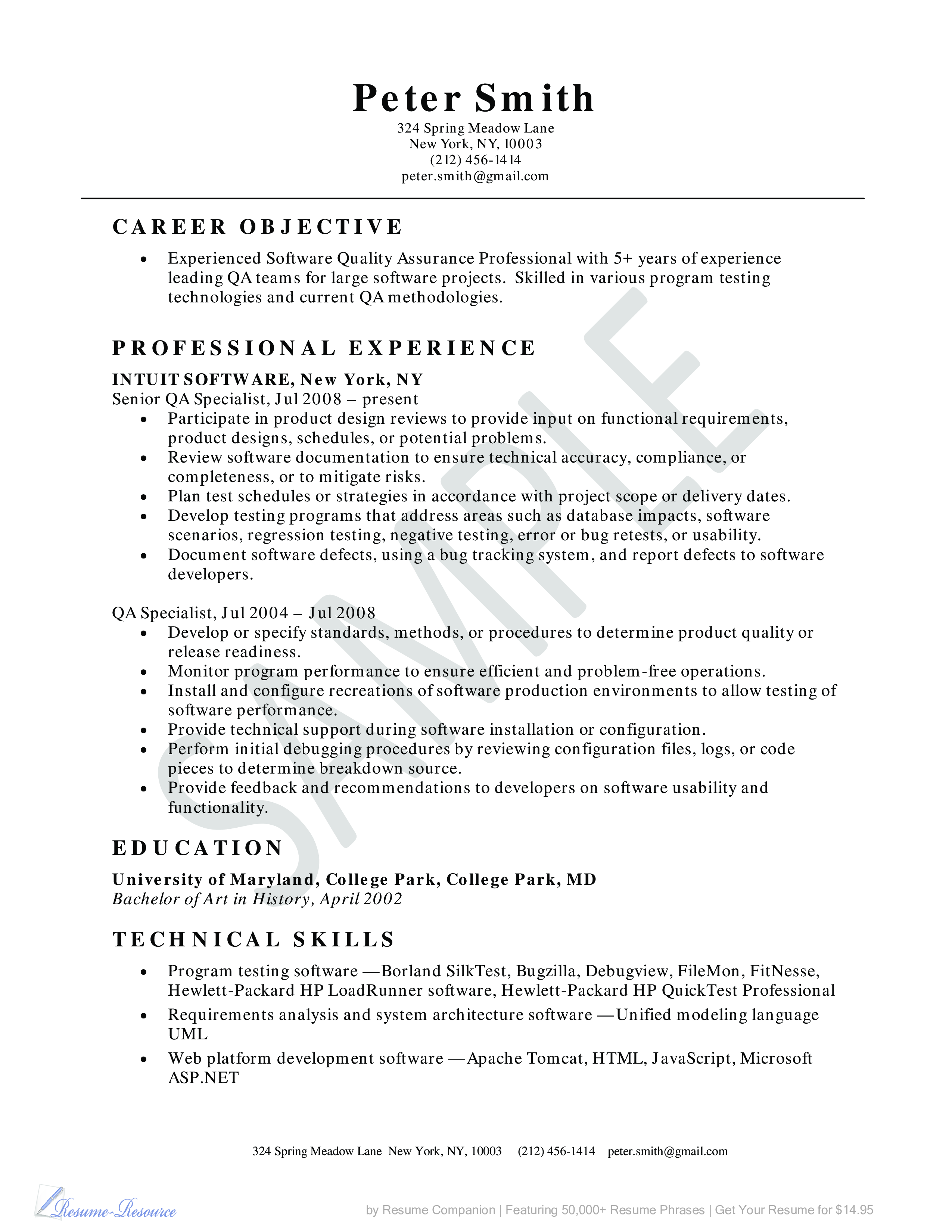 Quality Assurance Resume Example 模板