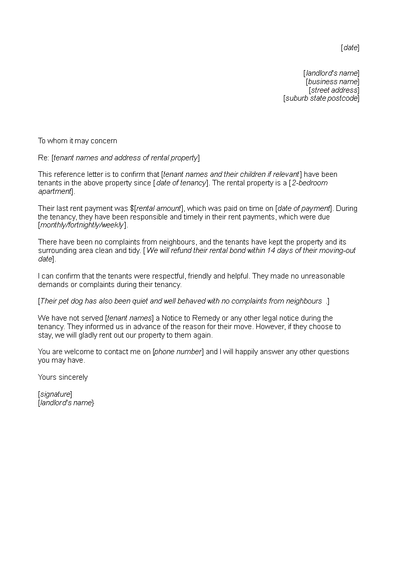 business reference letter for a rental template