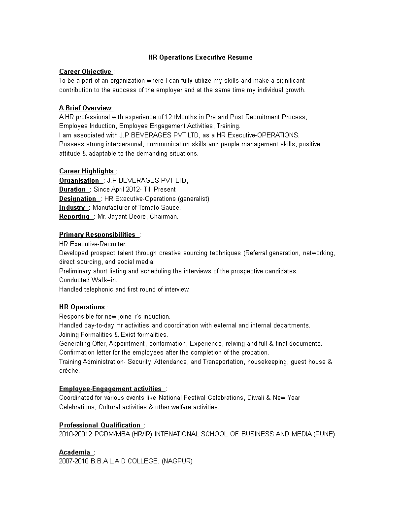 hr operations executive resume modèles