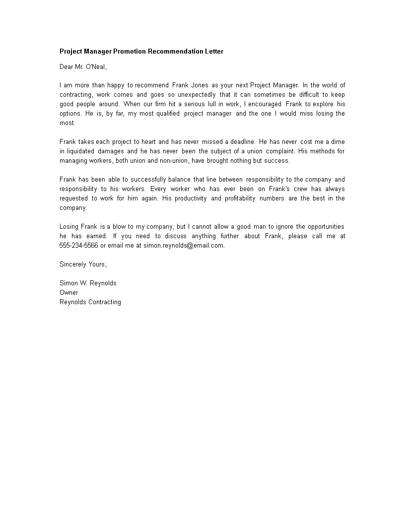 project manager promotion recommendation letter template