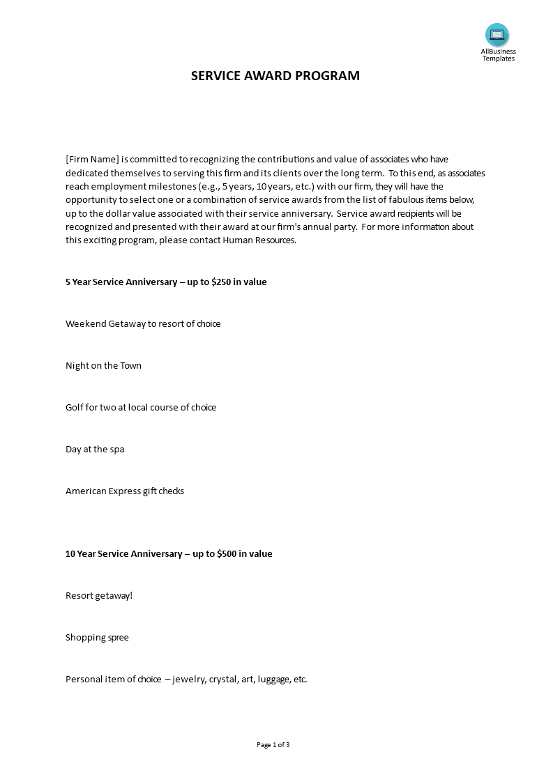 高级 Hr Service Award Program 样本文件在
