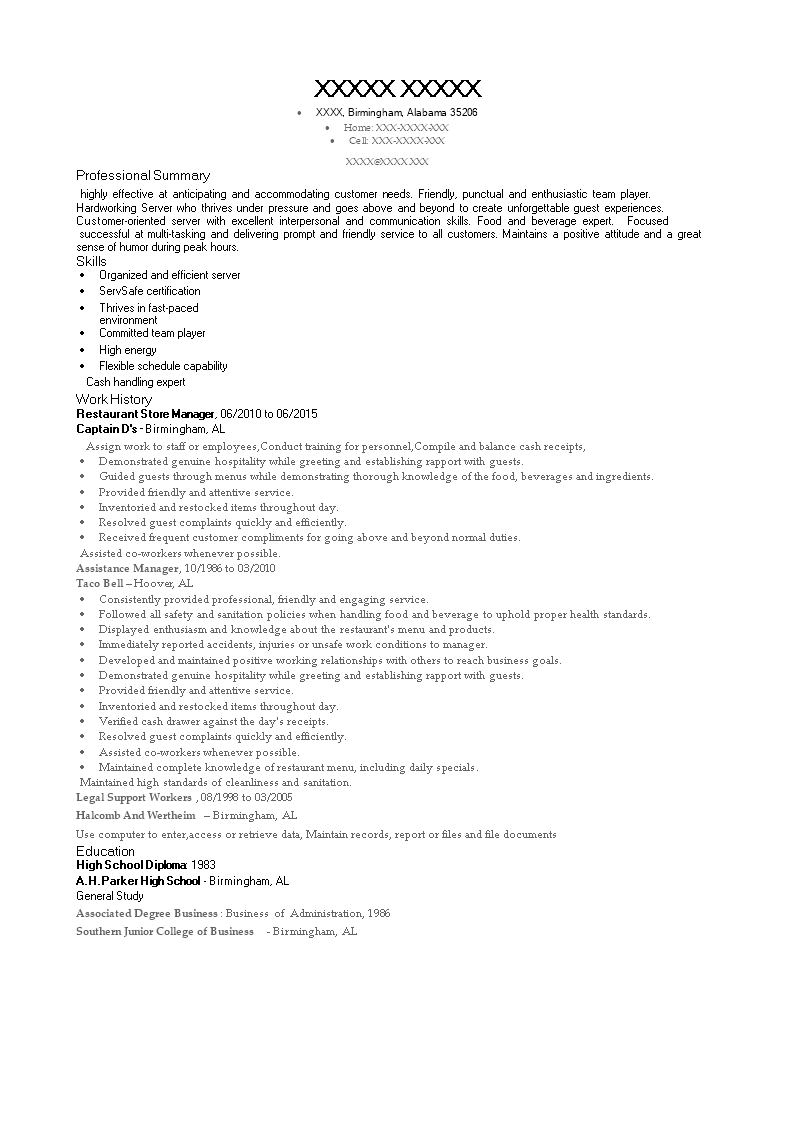 restaurant store manager resume template