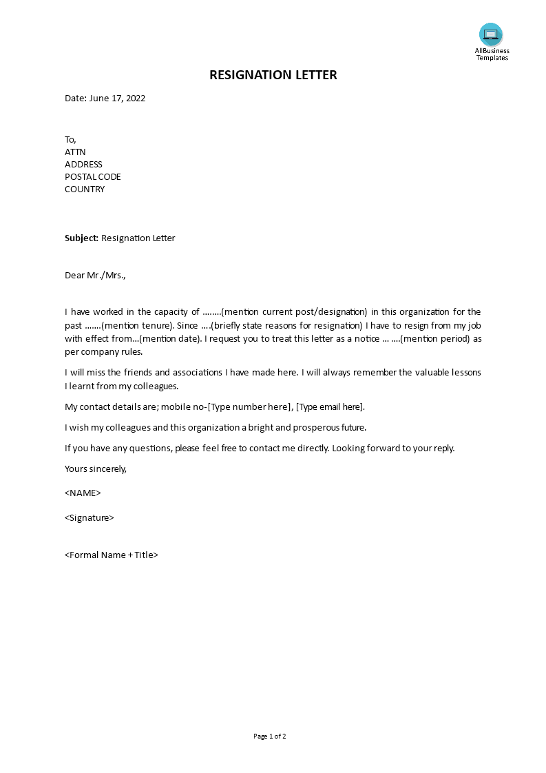 sample letter of resignation template