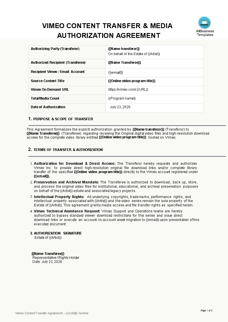 vimeo transfer agreement template Hauptschablonenbild