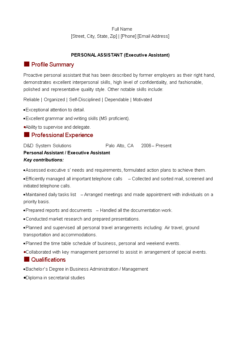 executive assistant personal assistant resume template