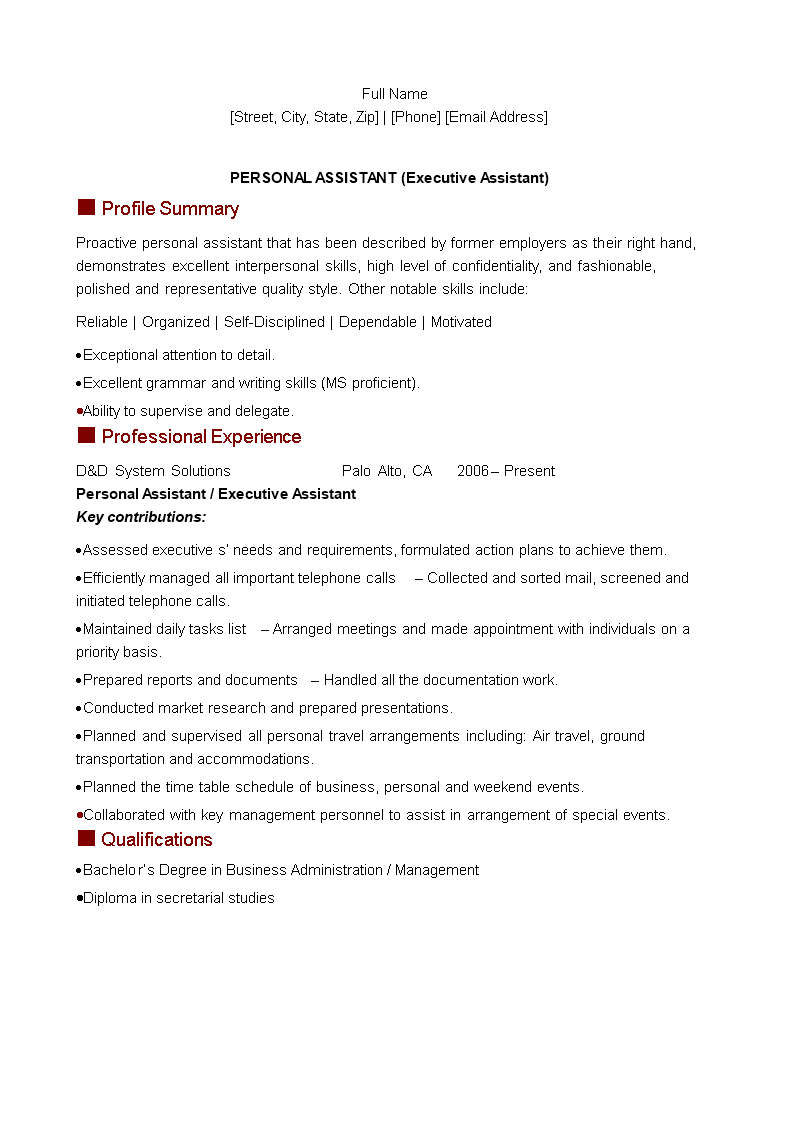 executive assistant personal assistant resume plantilla imagen principal