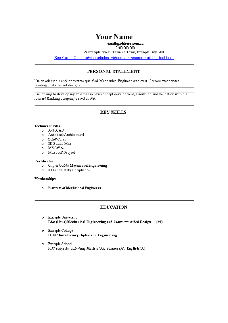 Experienced Engineer Resume Format 模板